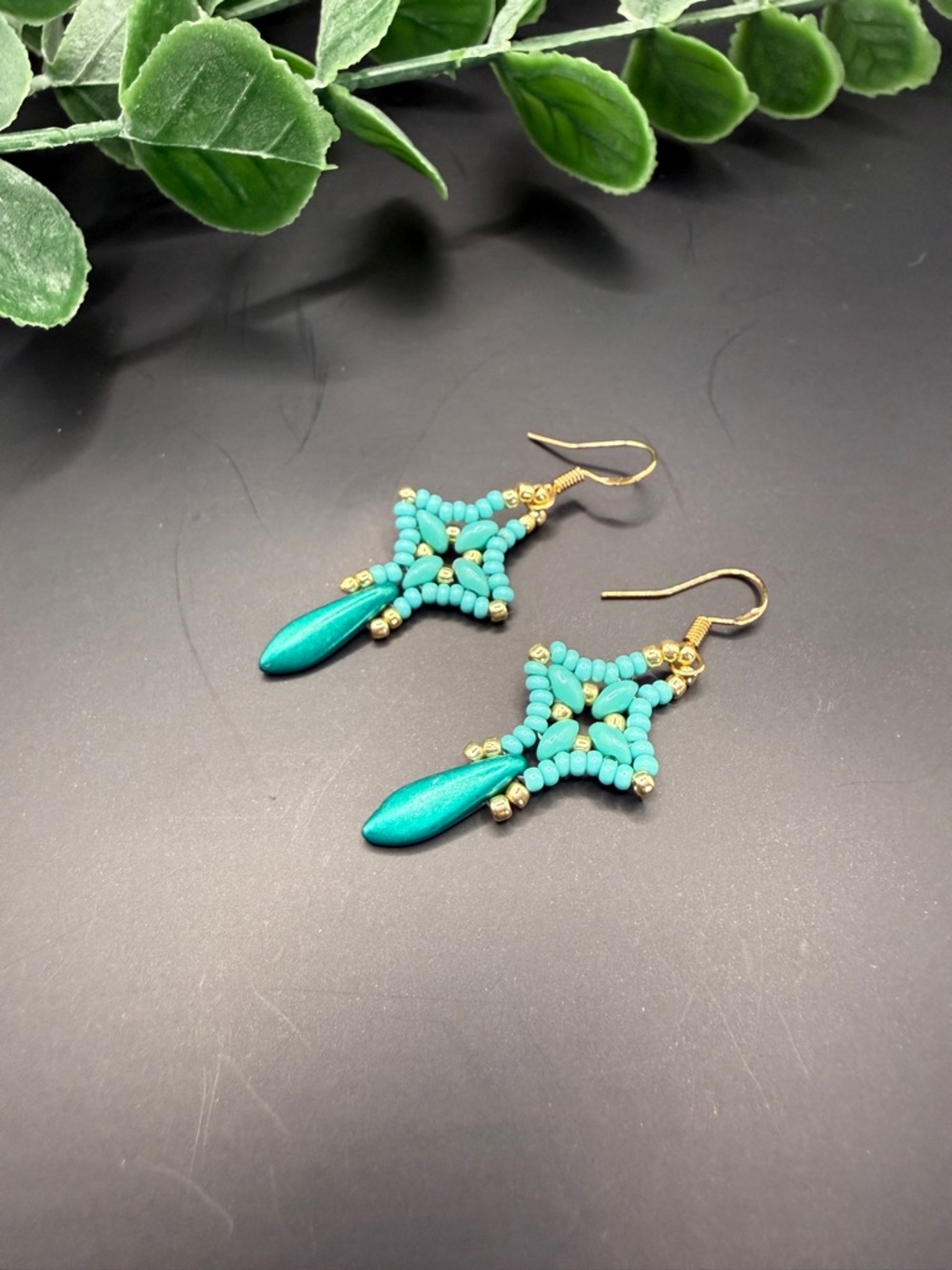 Turquoise Star Bead Drop Earrings with Gold Hooks